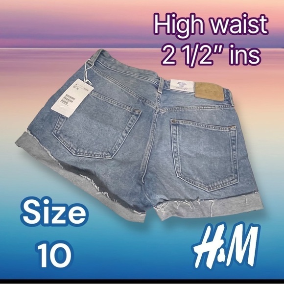 H & M NWT High Waist 2.5” Inseam Cuffed Blue Jean Shorts - Picture 1 of 12